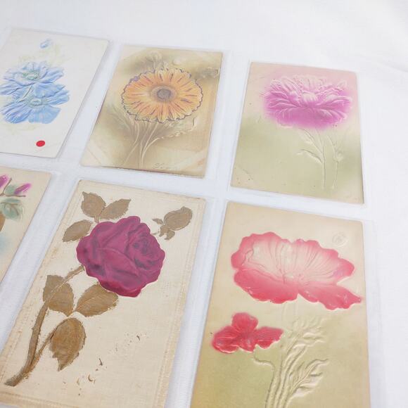 Set of 12 Antique Early 1900s Embossed Flower Postcards, Glitter Rose Sunflower+ - Picture 3 of 6